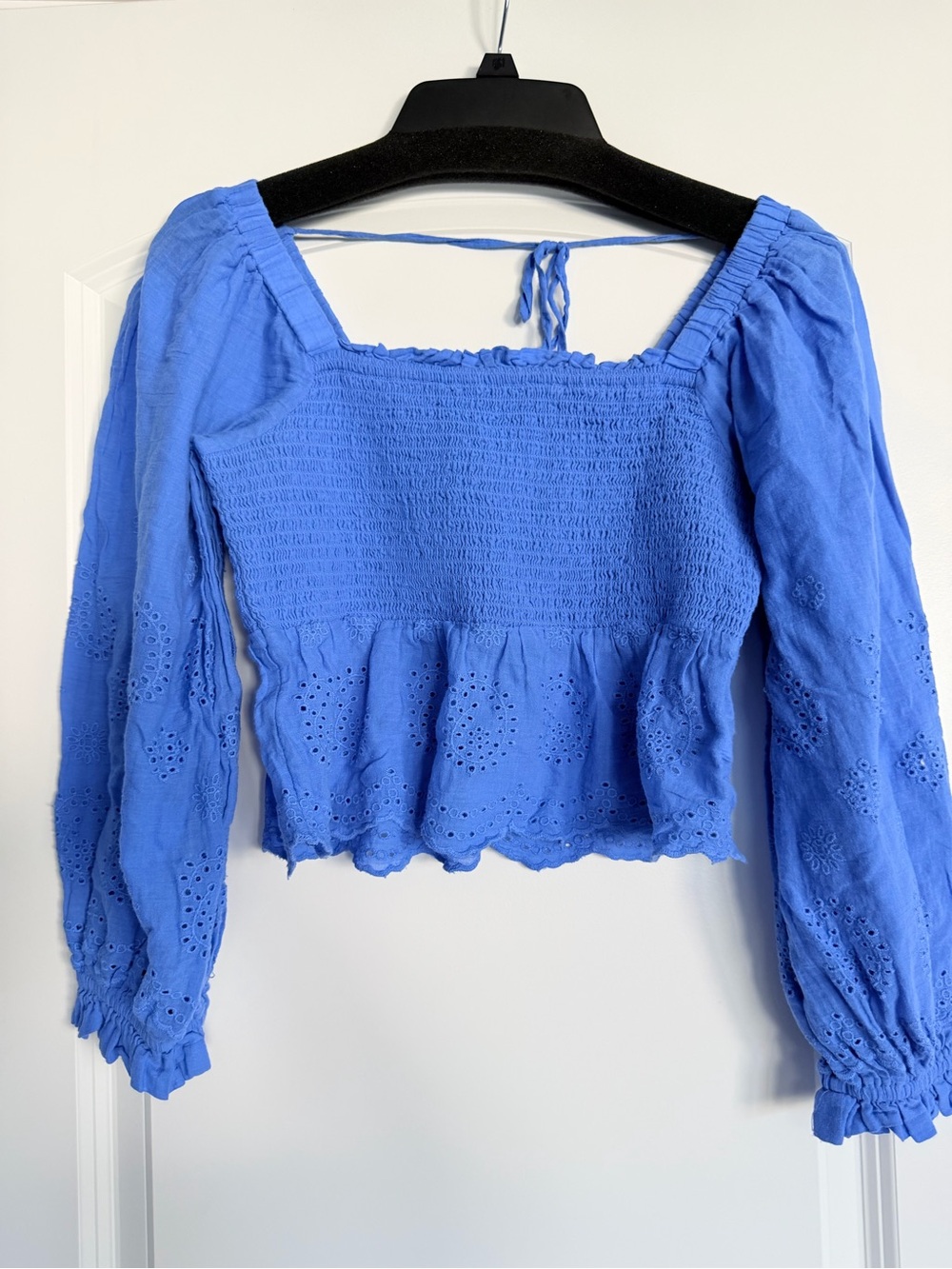 American Eagle Outfitters Periwinkle Smocked Eyelet Peplum Top